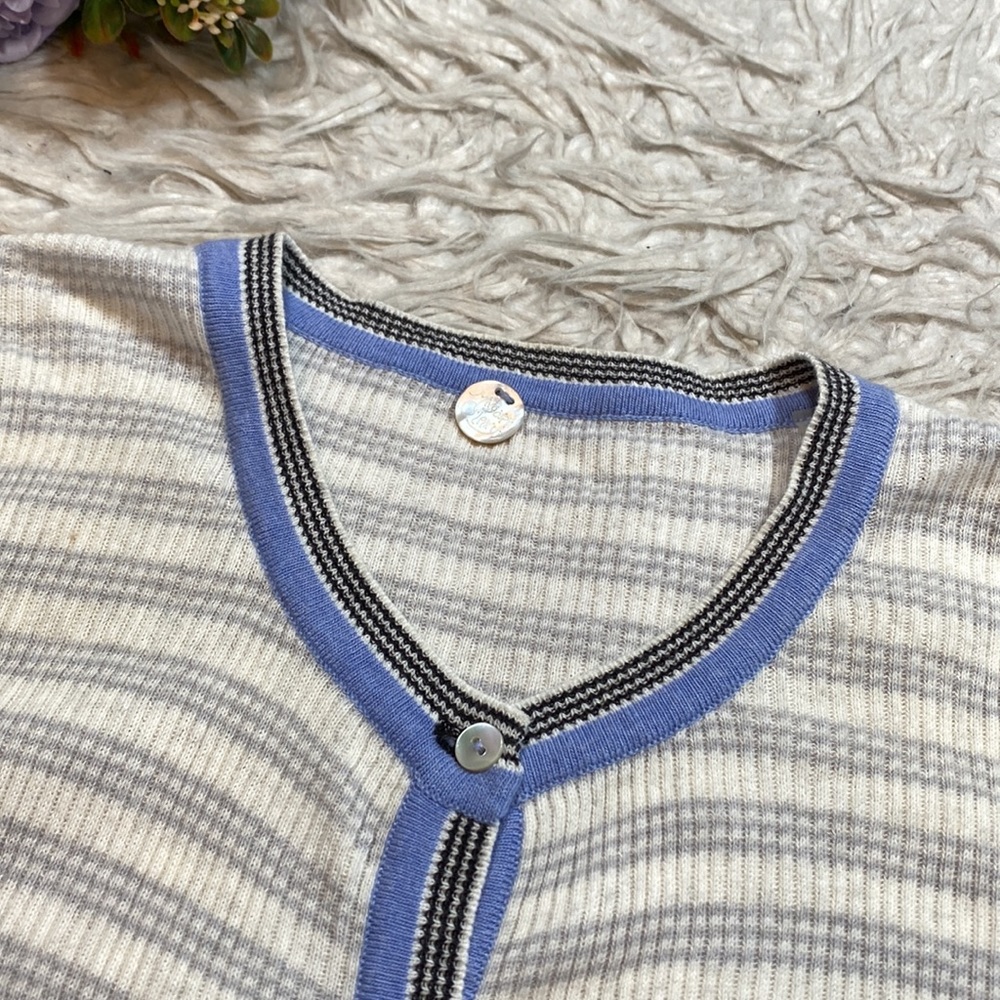 Margaret O'Leary Cream & Blue Striped Button Cardigan - Picture 2 of 9